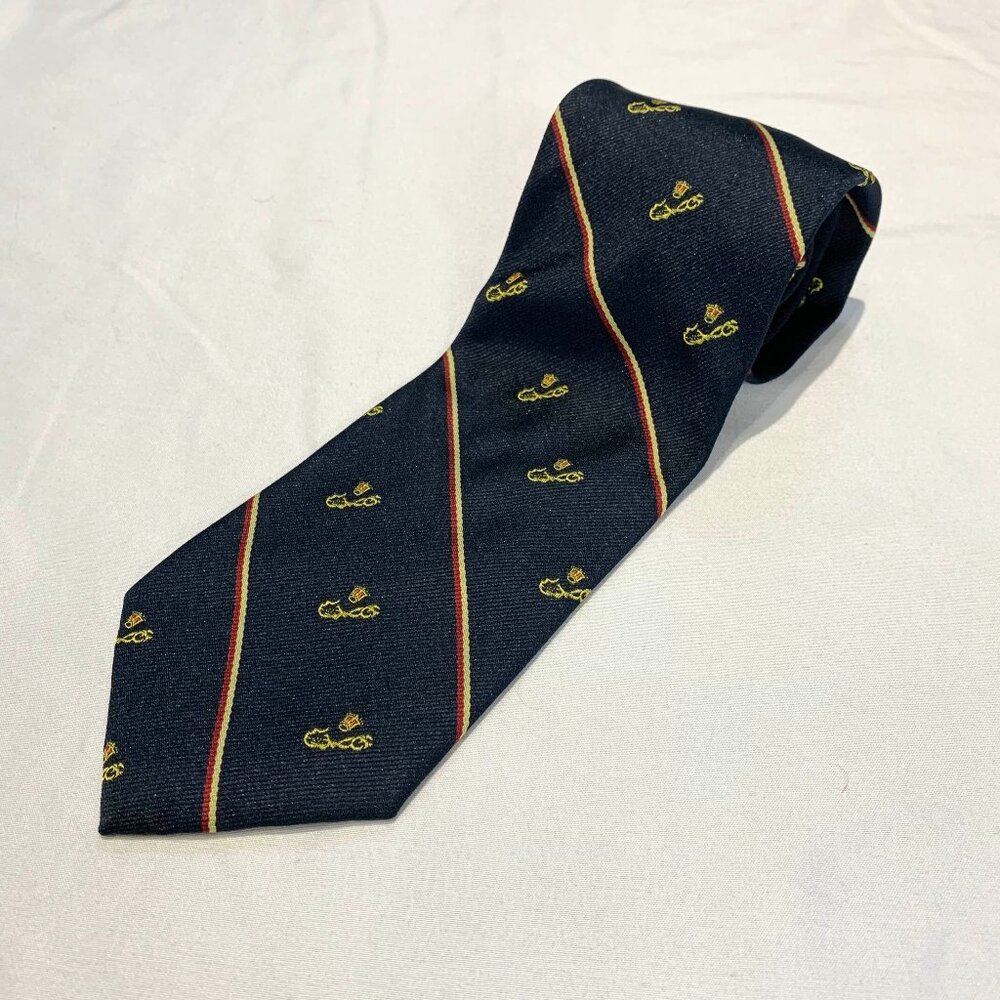Vtg English Sports Shop Bermuda Silk Tie Made in Italy Navy Stripes Gold Motif